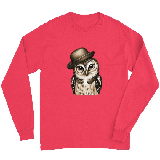 owl wearing derby hat - brown color Long Sleeves