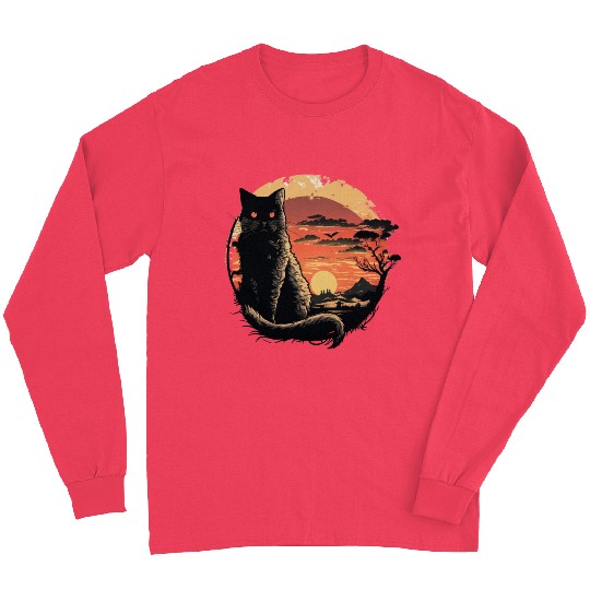 Catzilla Vintage Funny Cute black Cat Art Japanese Long Sleeves