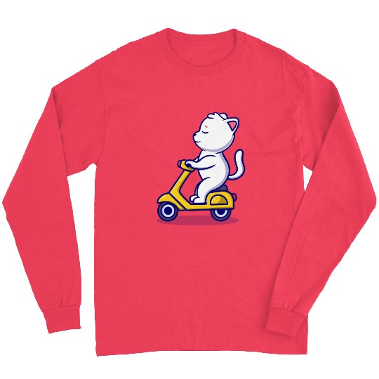 cute cat rid scooter cartoon icon illustration Long Sleeves