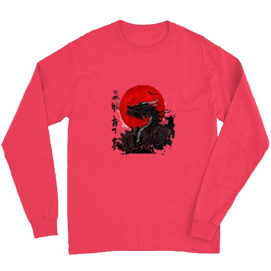 Dragon and crimson sun with ink japanese Long Sleeves