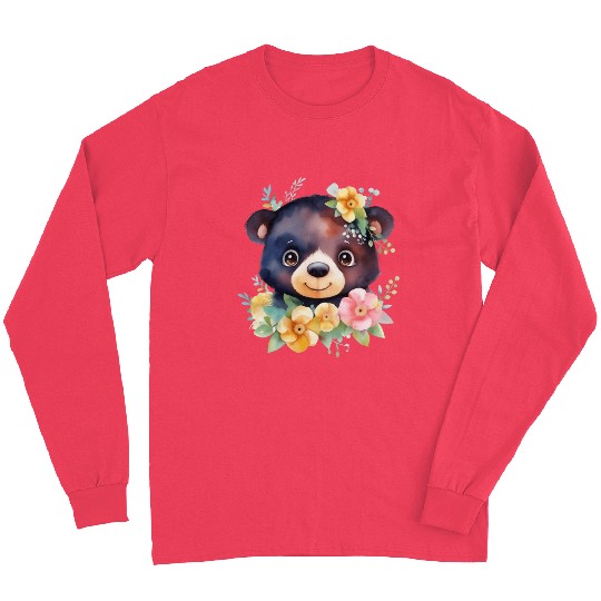 Black and Brown Forest Bear Watercolor Floral Long Sleeves