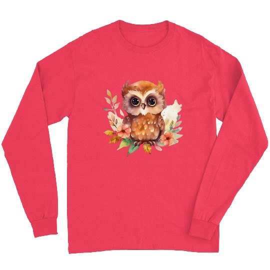 Brown Owl Forest Animal Watercolor Floral Long Sleeves