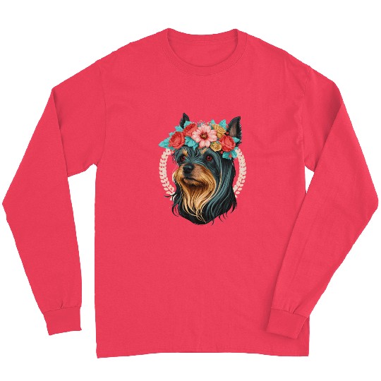 Cute Yorkshire Terrier Flower Crown Pet Dog Breed Long Sleeves
