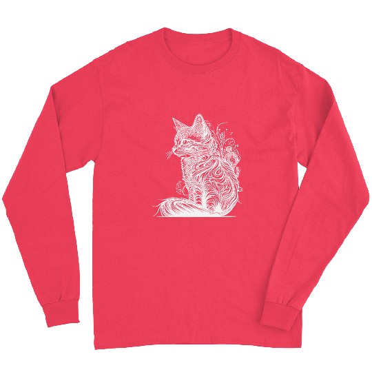 Tattoo Lines Cat In Wild Nature Style Long Sleeves