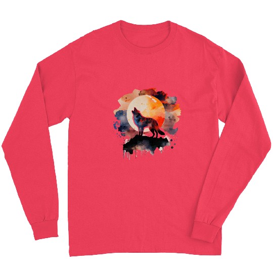 Wolf Howling at Moon Watercolor Long Sleeves