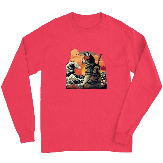 Retro samurai cat The Great Wave Hokusai Long Sleeves