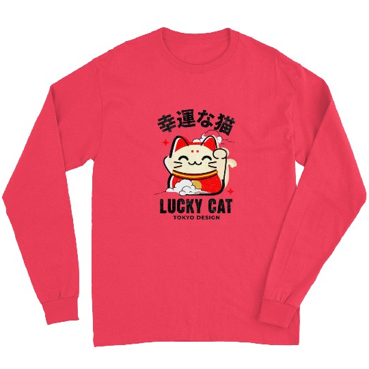 Lucky Cat Tokyo Desing Japanese Writing Long Sleeves