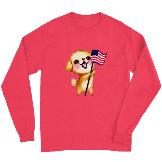 Fourth Of July Patriotic Puppy USA Watercolor Long Sleeves