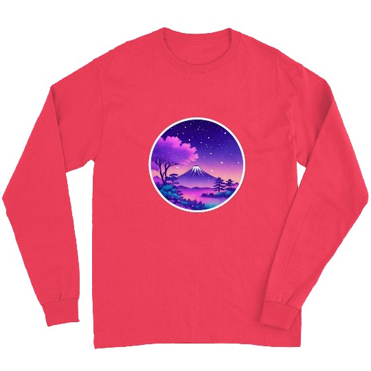 Japan Mount Fuji Night Sky Lo-Fi Art Retro Purple Long Sleeves