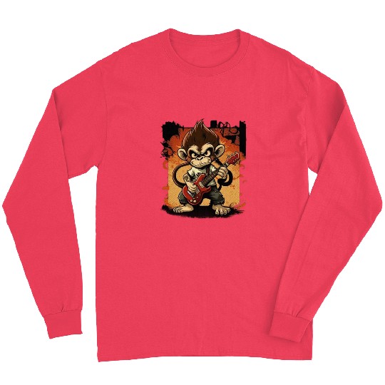Monkey Chimpanzee Playing Acousitc Rock Guitar Long Sleeves