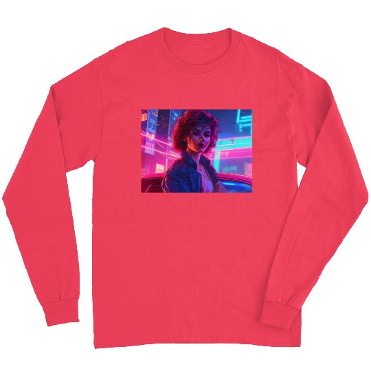 Synthwave Girl - Nighttime Anime Car Delight Long Sleeves