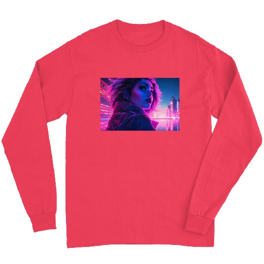 Synthwave Girl - Futuristic Design neon colors Long Sleeves
