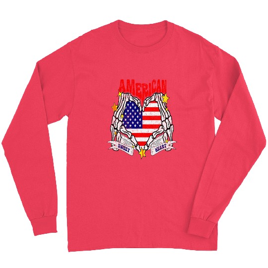 America Sweet Heart Skeleton Hands Heart Flag 4th Long Sleeves