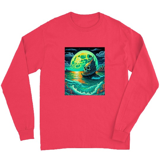Pirate Ship With A Skull At Full Moon Long Sleeves