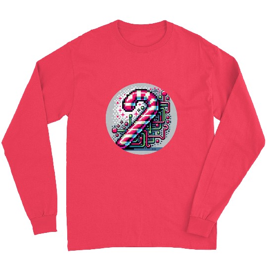 Neon Cyberpunk Candy Cane 8-Bit Pixel Christmas Long Sleeves