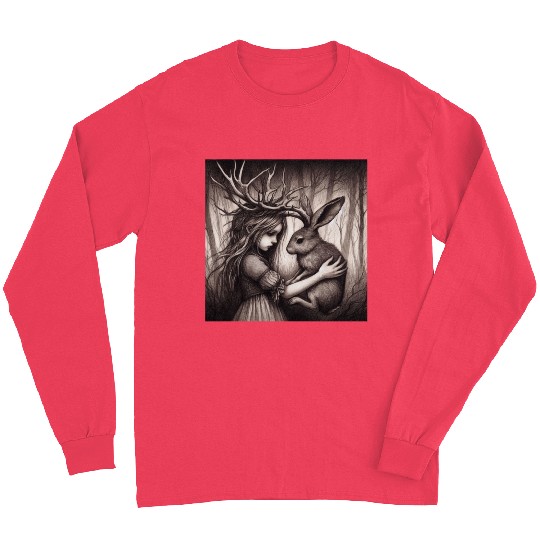 Illustration of Girl with Jackalope Long Sleeves