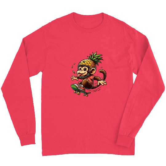 skateboarding monkey with pineapple helmet Long Sleeves