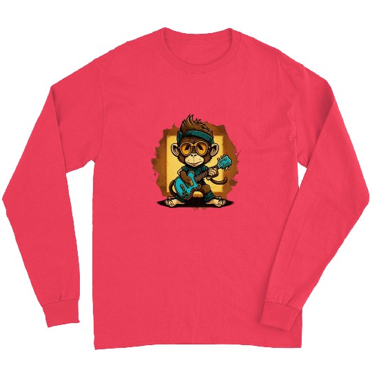Monkey Chimpanzee Playing Acousitc Rock Guitar Long Sleeves