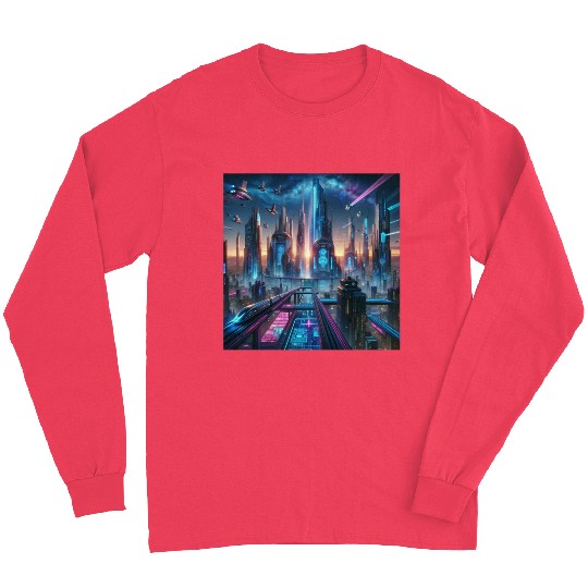 Future Metropolis Neon Cityscape at Night Long Sleeves