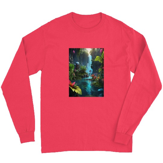 alien jungle with a lagoon and waterfall Long Sleeves