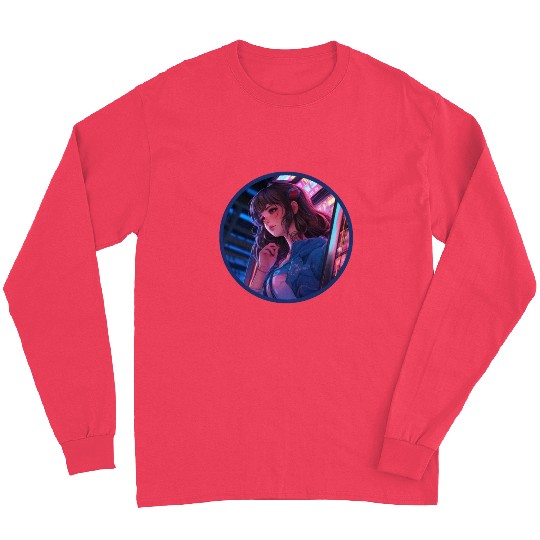 Jukebox Anime Girl Vaporwave Neon Glow Retro Long Sleeves