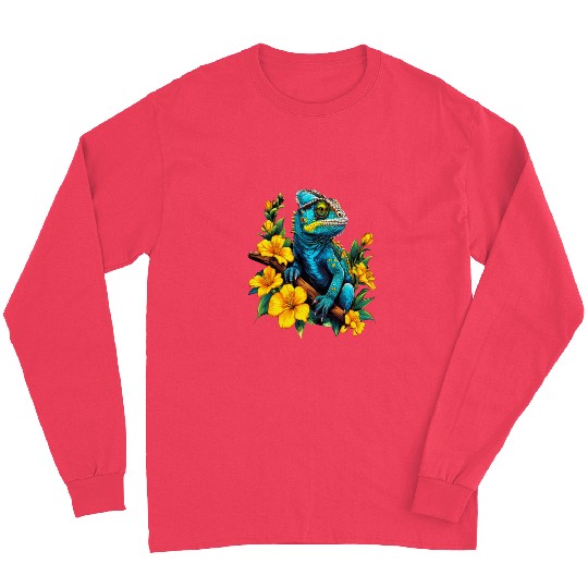 Chameleon on a Branch Surrounded by Flowers Long Sleeves