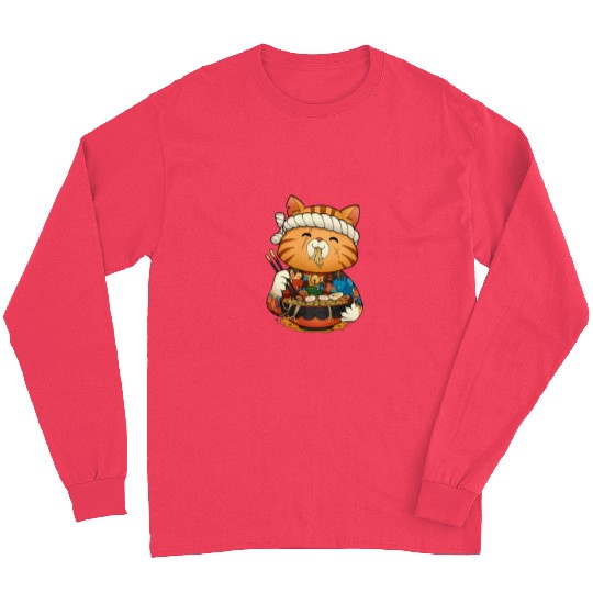 Cute anime cat eating ramen noodles Long Sleeves
