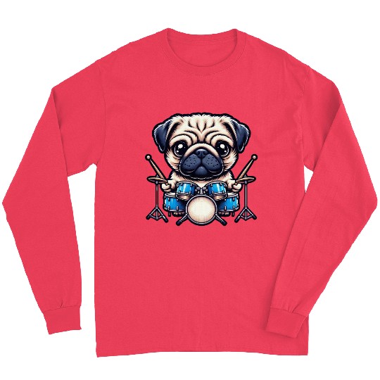 Cool Pug Drummer Puppy Beats Design Long Sleeves