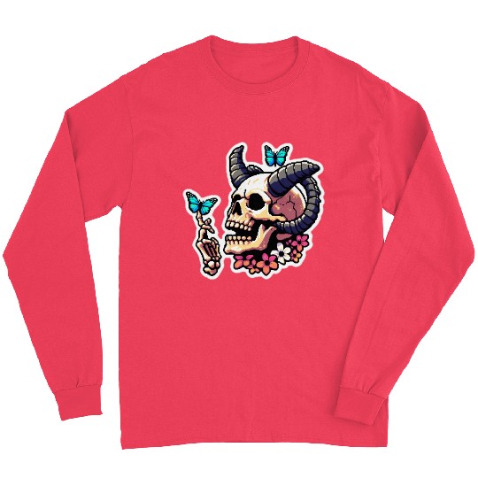 Pixel Art Horned Skull enjoy the butterflies Long Sleeves