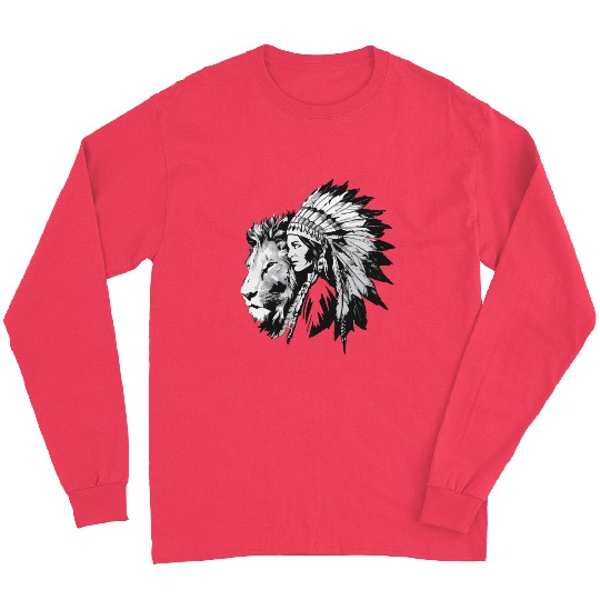 Native American woman and a majestic lion Long Sleeves