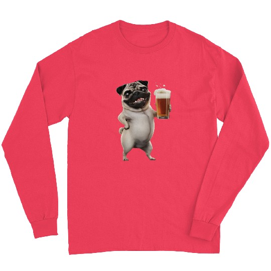 Pug Drinking Beer Realistic Long Sleeves