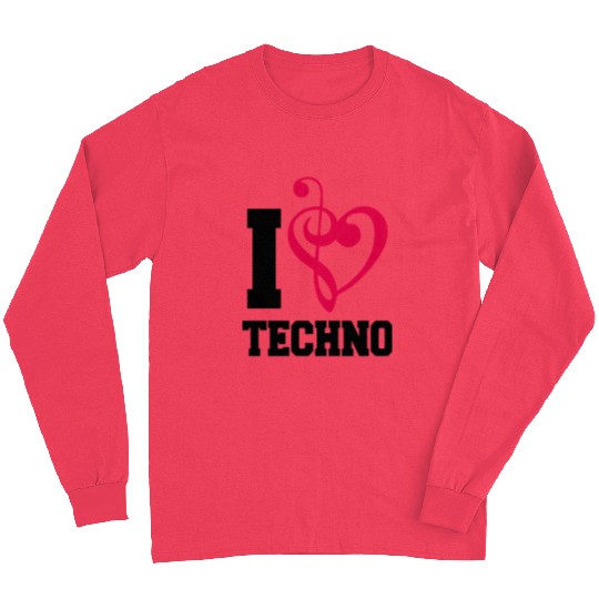 I Love Techno Music Party DJ Clef Bass Note Heart Long Sleeves