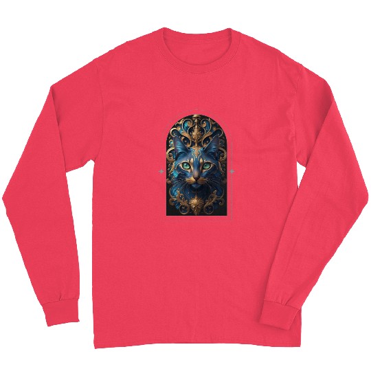Elegant stylish blue and gold cat face Long Sleeves