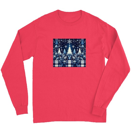 blue and white flannel christmas trees holiday Long Sleeves