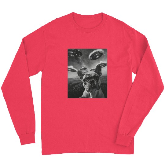Funny French Bulldog Dog Selfie with UFOs Alien Long Sleeves