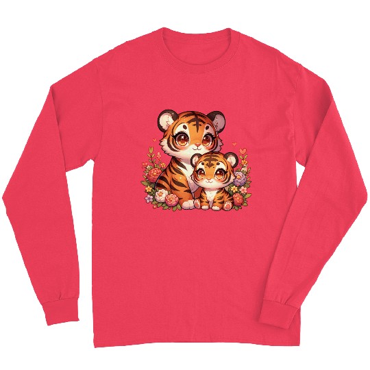 Cute Baby Tiger and Mama Tiger Surrounded by Long Sleeves