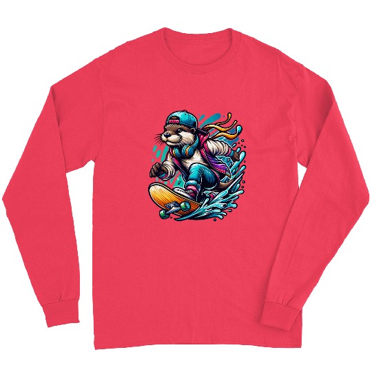 Cool Otter Skateboarding with Headphones Vibrant Long Sleeves