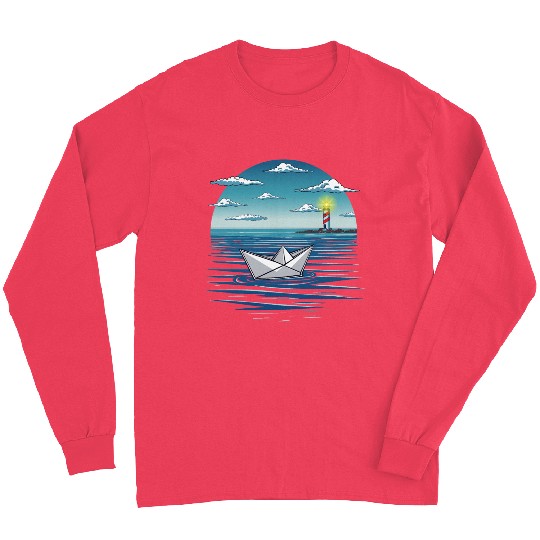Guided Voyage Paper Boat Sailing Toward Lighthouse Long Sleeves