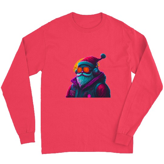 Retro Cool Santa Claus with Headphones Neon Colors Long Sleeves