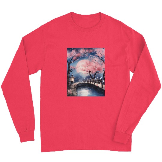 Watercolor cherry blossom festival full moon Long Sleeves