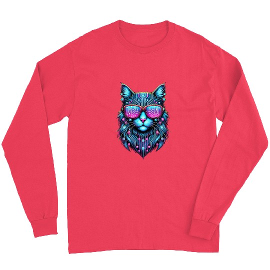 Cyberpunk Tech Cat – Futuristic Neon Glow Long Sleeves