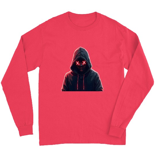 Mysterious Neon Hooded Figure - Dark Aesthetic Cyb Long Sleeves