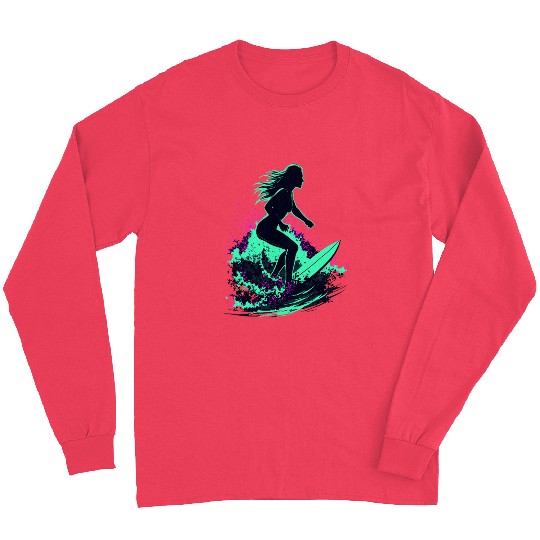 Stylish Female Surfer Surfing Waves Long Sleeves