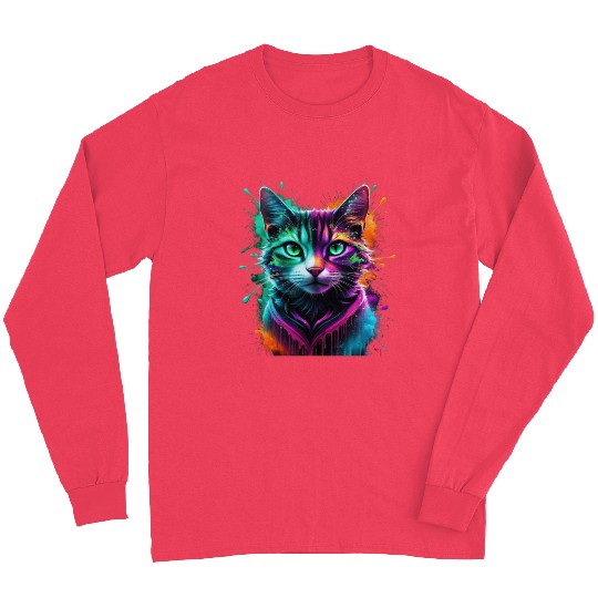 Neon Cosmic Cat – A Psychedelic Fusion of Color Long Sleeves