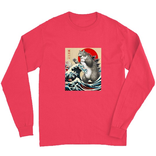 Catzilla Cat Japanese Art Funny Cat Long Sleeves