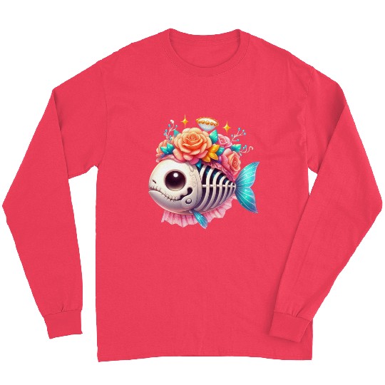 Whimsical Skull Fish with Floral Crown Long Sleeves
