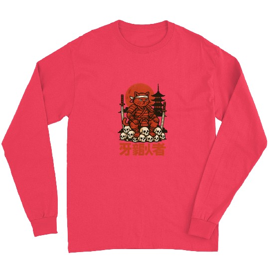 Samurai Cat with Skulls and Pagoda Long Sleeves
