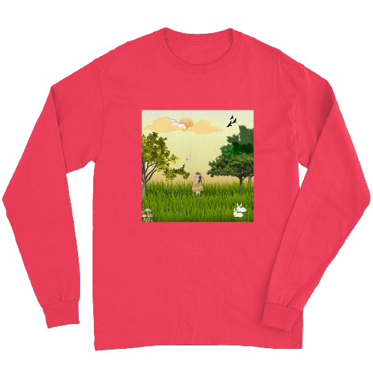 Serene Forest Girl with Bunny and Birds Long Sleeves