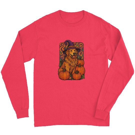 Halloween Wizard Golden Retriever with Pumpkins Long Sleeves