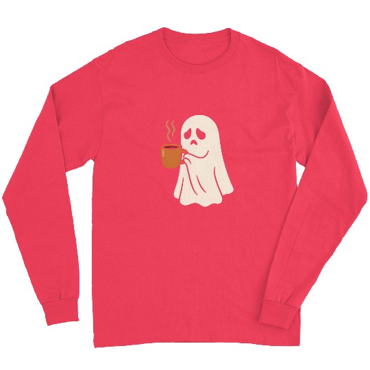 Spooky Ghost with Coffee Mug Design Long Sleeves